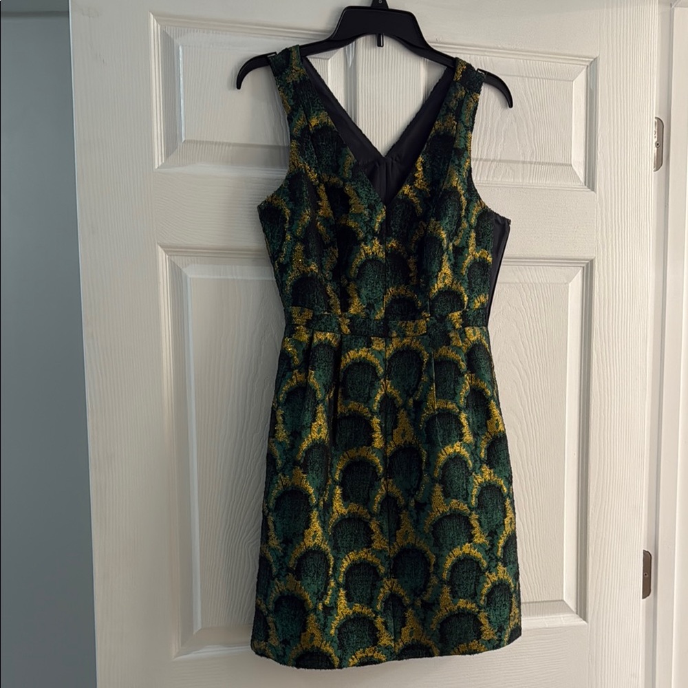 J.Crew Green Gold Peacock Print Cocktail Dress